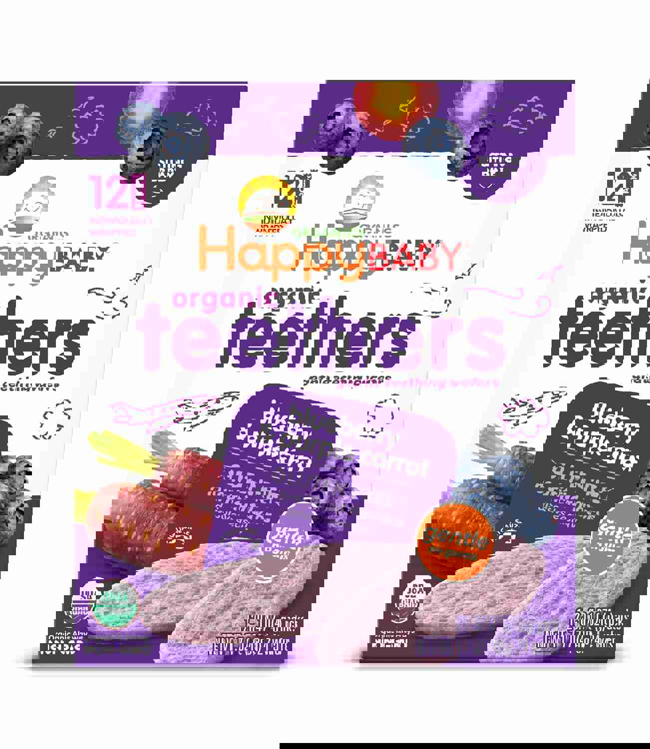 Happy Baby Organics Baby Snacks, Gentle Teething Wafers, Gluten Free &amp; Vegan, Blueberry &amp; Purple Carrot, 12 Count (Pack of 6)