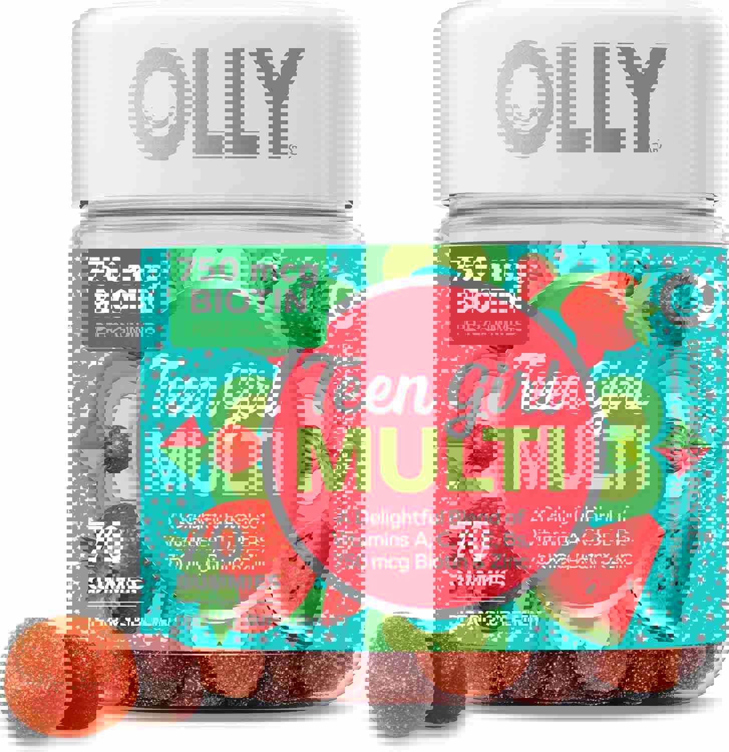 Olly Teen Girl Multi Gummy, Healthy Skin and Immune Support, 15 Essential Vitamins, Biotin, Zinc, Calcium, Chewable Multivitamin, Berry Melon, 35 Day Supply, 70 Count