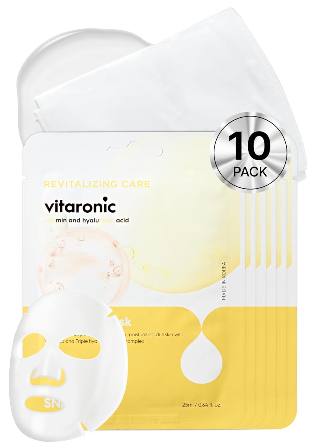 [K Beauty Snp] Vitaronic Ampoule Sheet Mask | Nourishing, Moisturizing, and Refreshing for All Skin Types with Vitamin B, C, D, and E | Face Masks Skincare | Korean Skin Care Facial Mask | 10 Sheets