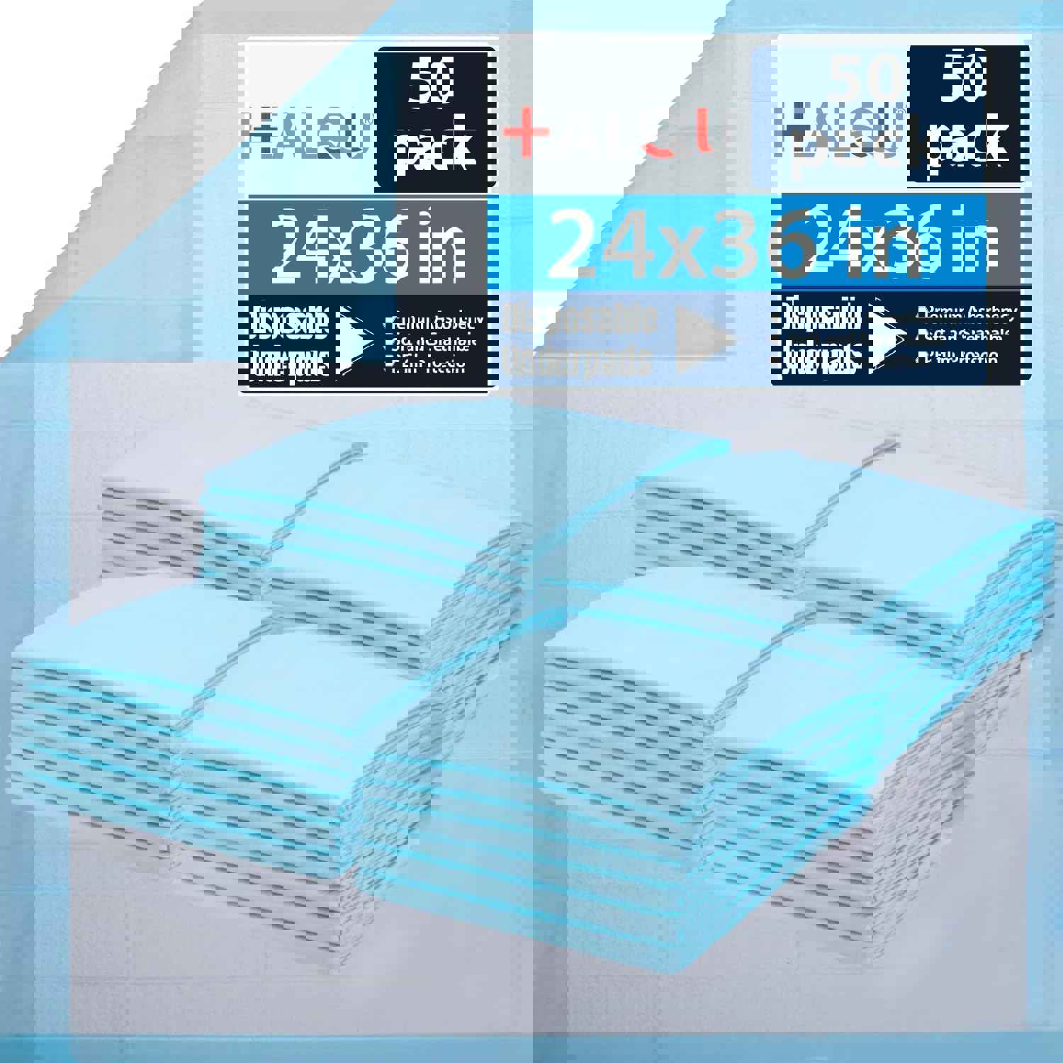 Healqu Disposable Underpads - Absorbent Incontinence Bed Pads for Adults, Kids, Elderly, and Pets - Fluid and Urine Bed Protection - Large, Thick, Fluff and Polymer Chux (24x36 Pack of 50)