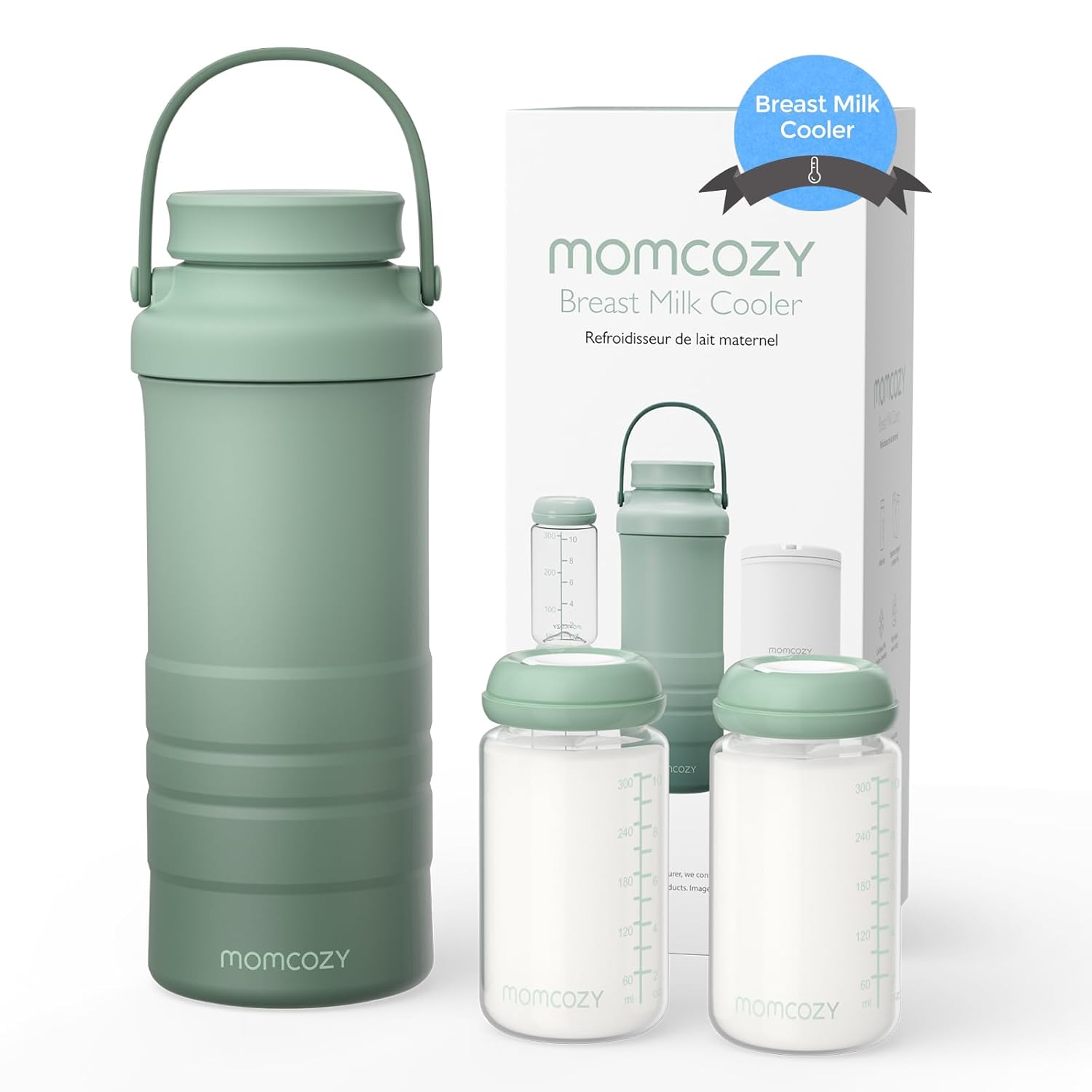 Momcozy 22oz Portable Breast Milk Cooler for Outdoor, Life Saver with 360° Total Cooling for 24 Hours, Larger Capacity Travel Breastmilk Chiller with 2pcs Baby Bottles for Breastmilk Storage, Green