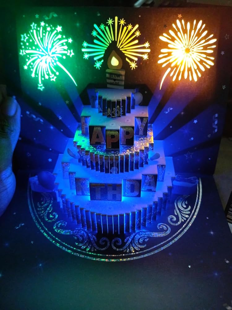 Musical Birthday Cards, 3D Pop Up Card with Music and Light, Birthday Cards with Interactive Blowable Candle, Gift for Her Him Mom Grandma Wife Husband