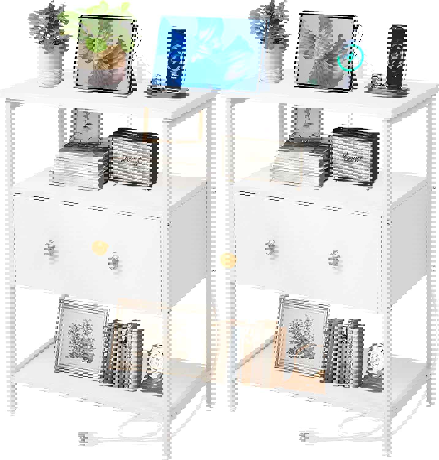 Edbuosy 27 inch Nightstand Side Table with 1 Layer of Wooden Drawers，Nightstand with Charging Station,End Table Bedside Table with USB Ports and Outlets (White)