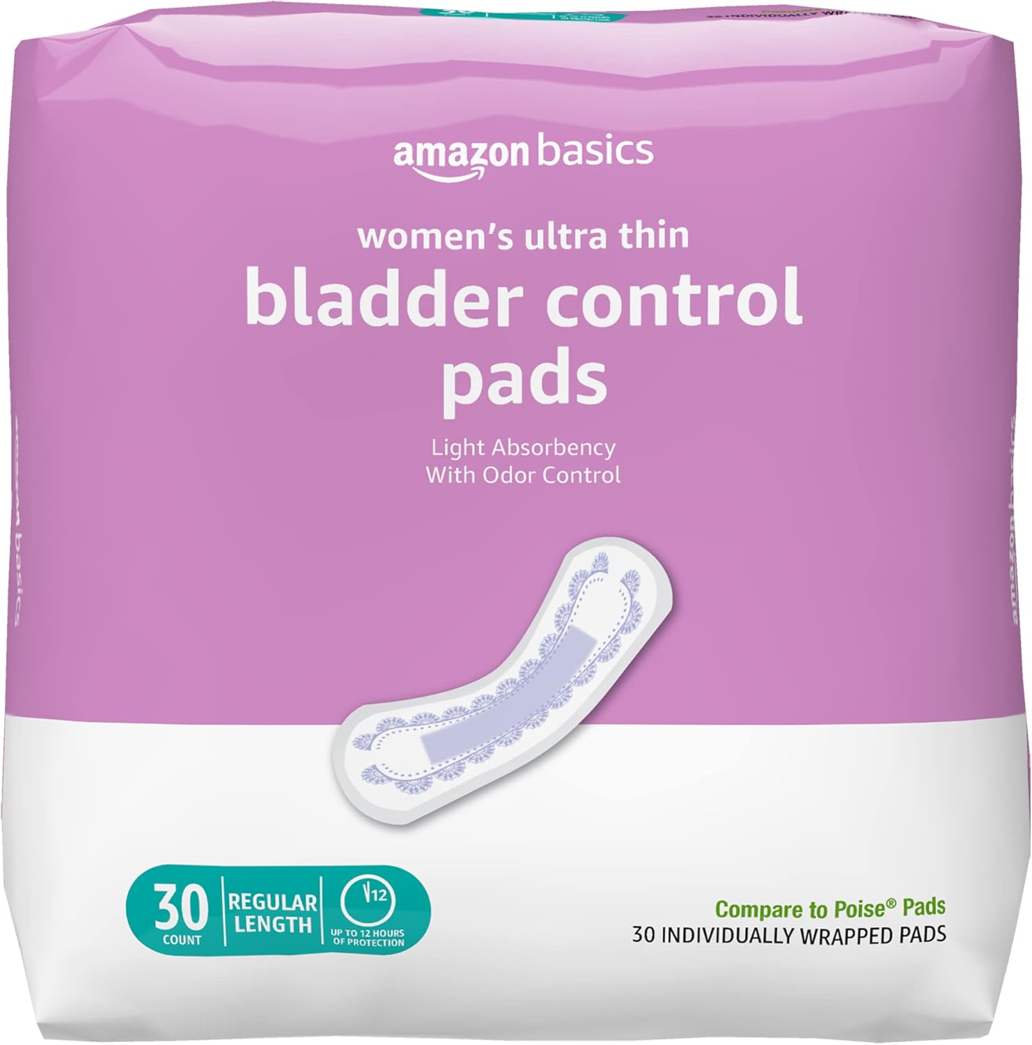 Amazon Basics Women's Incontinence Pads, Bladder Control &amp; Postpartum, Light Absorbency, Unscented, 30 Count, (1 Pack of 30)
