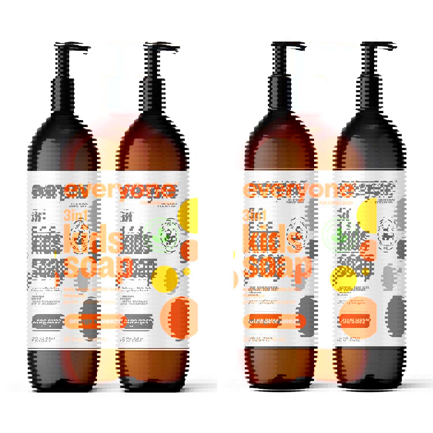 Everyone 3-in-1 Kids Soap, Body Wash, Bubble Bath, Shampoo, 32 Ounce (Pack of 2), Orange Squeeze, Coconut Cleanser with Organic Plant Extracts and Pure Essential Oils (Packaging May Vary)