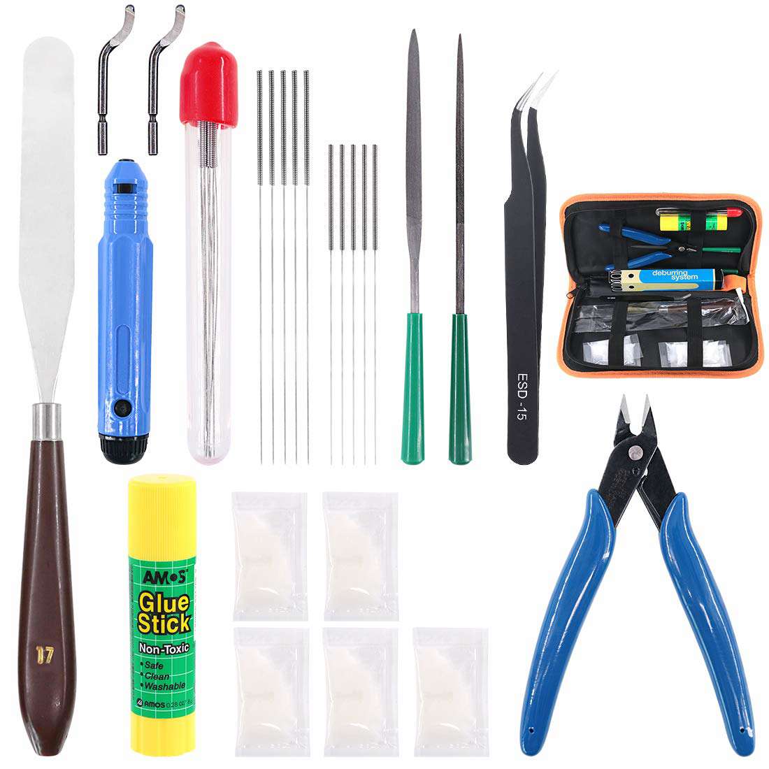 25 Piece 3D Printer Tool Kit Full Range Tools for Cleanup Removal Finish Including Trimming Blade 0.4mm 0.35mm Needle Tweezers File Pliers Deburr Tool Scarpers Glue Stick
