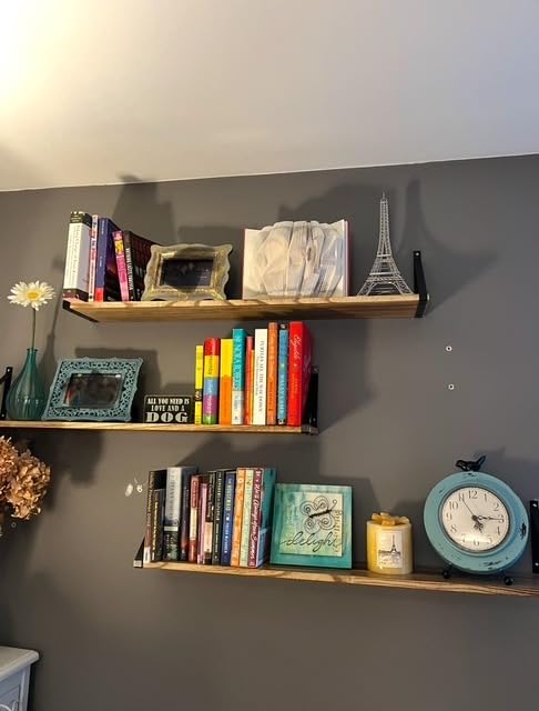 Wallniture Bora 36 Inch Large Floating Shelves for Wall Storage, Floating Bookshelf Set of 3, Burned Wood Wall Shelves for Books