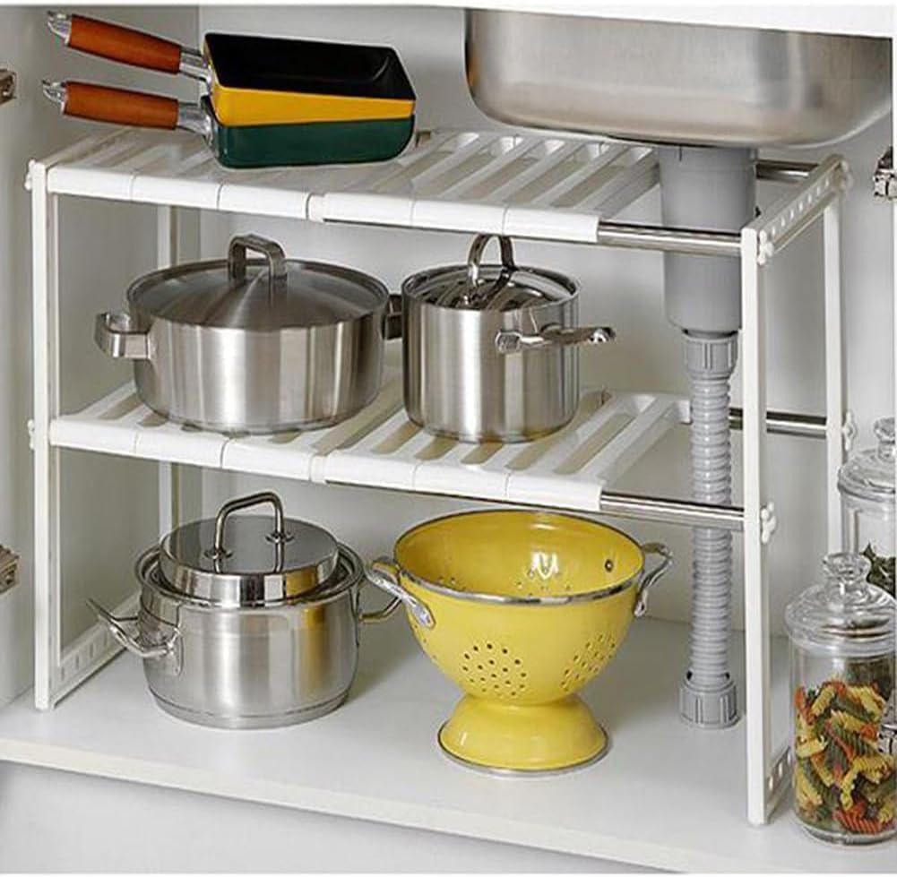 2 Tier Under Sink Organizer,Expandable Cabinet Shelf Organizer 2 Tier Under Storage Rack with Removable Panels,Multi-Use for Under Kitchen Bathroom Sink Organizers and Storage