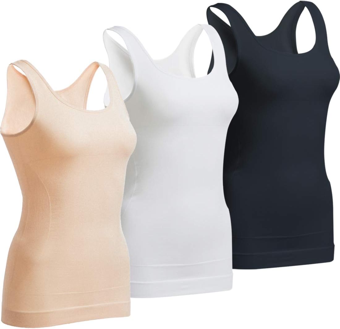 OLCHEE Women's 3PACK Shapewear Tank Tops Tummy Control - Seamless Slimming Body Shaper Top Regular and Plus Size