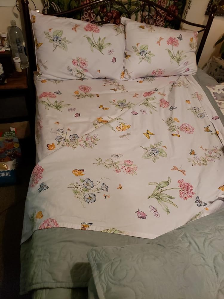 QSH Floral King Size Sheet Sets - Green Flower Bird Butterfly Print Botanical Bedding Egyptian Cotton Printed Sheets King Size Bed Extra Soft and Breathable 17.5&amp;#34; Deep Pockets Bed Sheets 4pcs