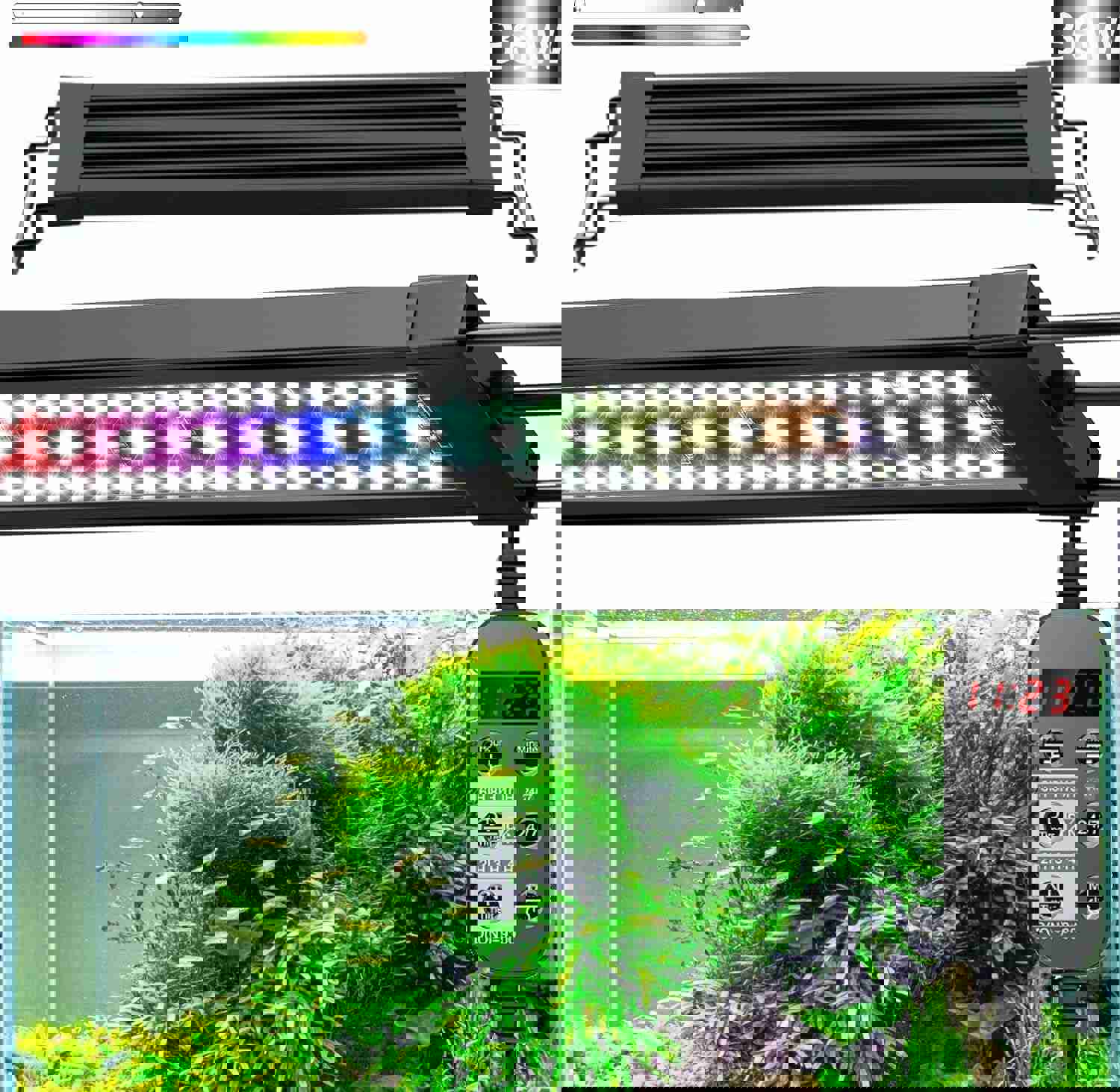 LED Aquarium Light, 24/7 Full Spectrum Dimmable Submersible Light 36-42 inch 36W for 30/35/40 Gallon Fish Tank, Day+Night Mode DIY Timer Auto On Off, High Brightness 8 Colors RGB Mode