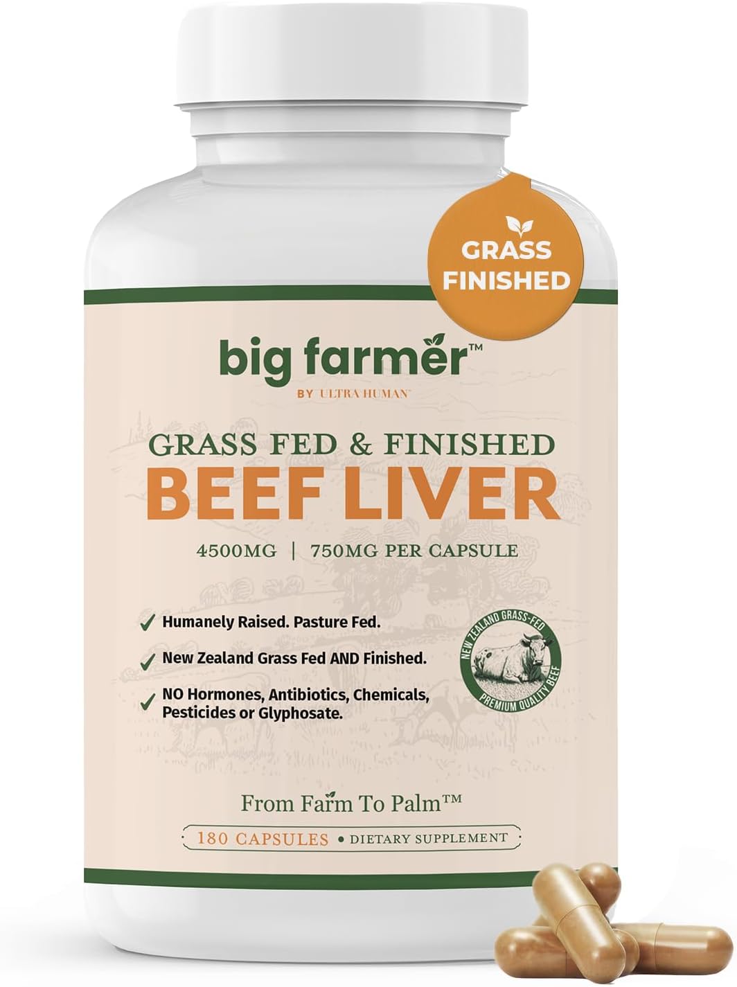 Big Farmer Grass-Fed &amp; Finished Beef Liver Capsules – 180 Ct, Supports Energy, Detox, Digestion &amp; Immunity, Non-GMO Desiccated Beef Organ Supplement for Liver Health &amp; Full-Body Wellness