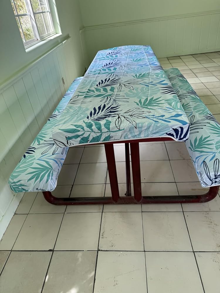 Picnic Table Cover with Bench Covers Camping Essentials Waterproof Windproof Camping Tablecloth with Drawstring Bag, Fitted Rectangle Tables and Seats, 72in, Green Blue