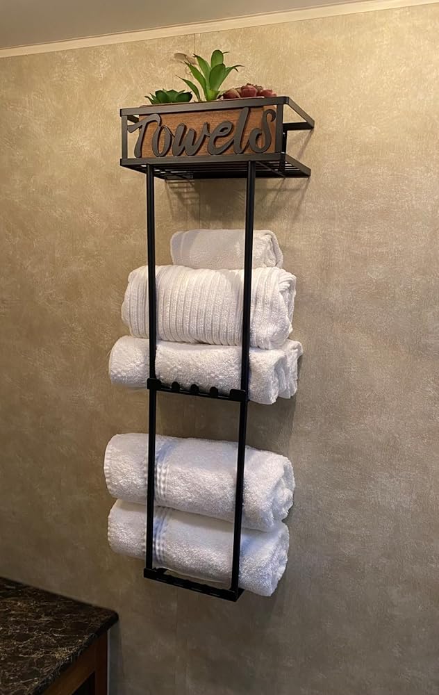 HapiRm Over Door Towel Rack - Towel Racks for Bathroom Wall Mounted Or Over The Door, Towel Holder with Metal Shelf Basket and Hooks Design, Rolled Towel Storage Organizer for Small Bathroom, Black