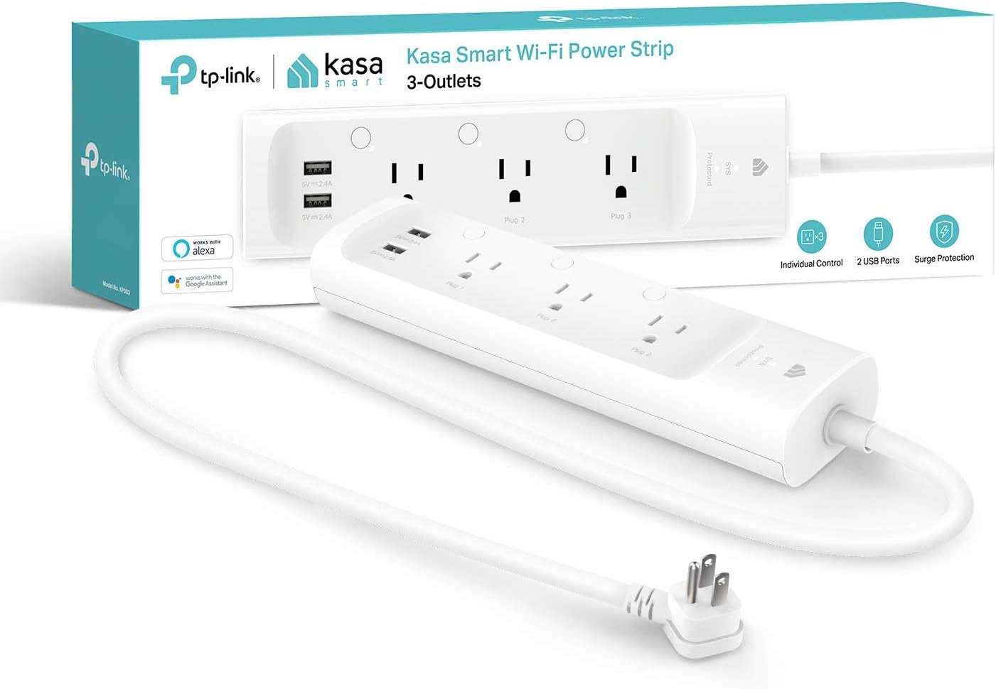 Kasa Smart Plug Power Strip KP303, Surge Protector with 3 Individually Controlled Smart Outlets and 2 USB Ports, Works with Alexa &amp;amp; Google Home, No Hub Required , White