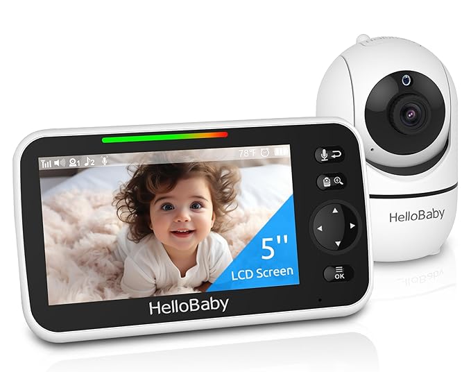 HelloBaby No WiFi Baby Monitor 5" Screen 30-Hour Battery Pan-Tilt-Zoom Video Upgrade with Camera and Audio