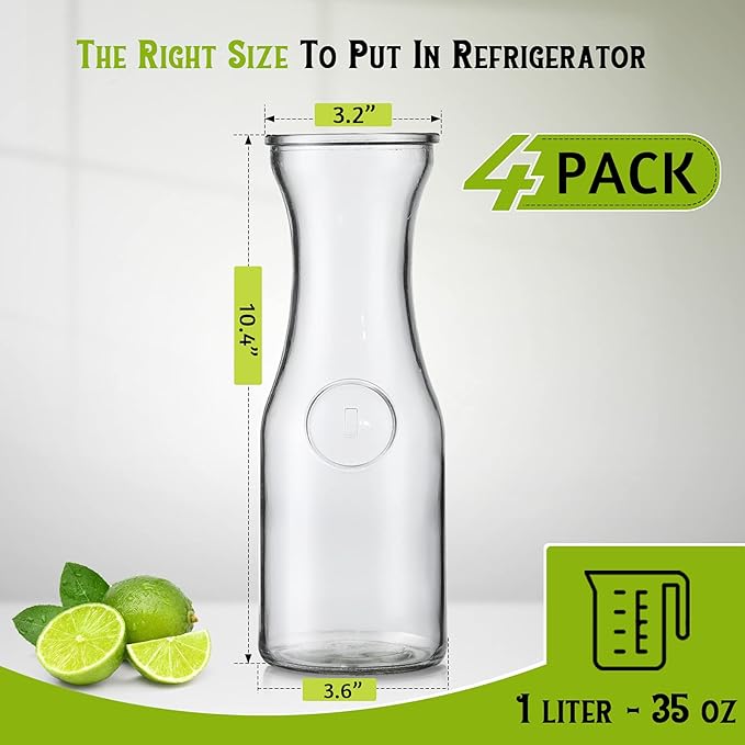 NETANY Set of 4 Glass Carafe with Lid, 1 Liter Beverage Serveware Carafe, Clear Glass Pitcher for Mimosa Bar, Brunch, Cold Water, Juice, Milk, Iced Tea, Lemonade : Home & Kitchen