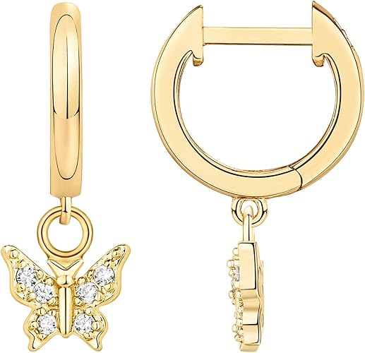 PAVOI 14K Yellow Gold Plated 925 Sterling Silver Post Huggie With Dangle | Small Gold Trendy Hinged Hoop Earrings For Women | CZ Huggie Earrings (Butterfly): Clothing, Shoes & Jewelry