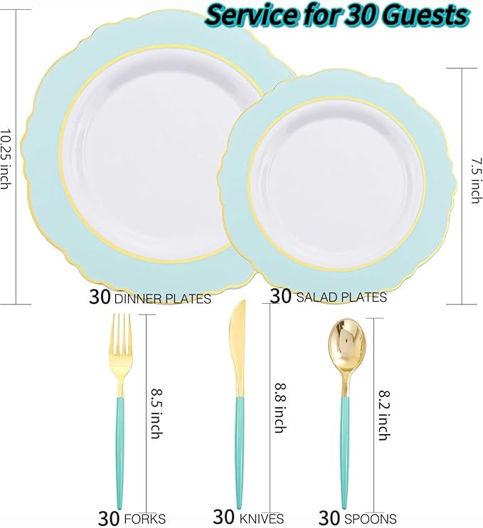 WDF 30Guest Mint Green Plastic Plates & Disposable Gold Silverware With Green Handle-Baroque Green &Gold Plastic Dinnerware for Upscale Easter : Health & Household